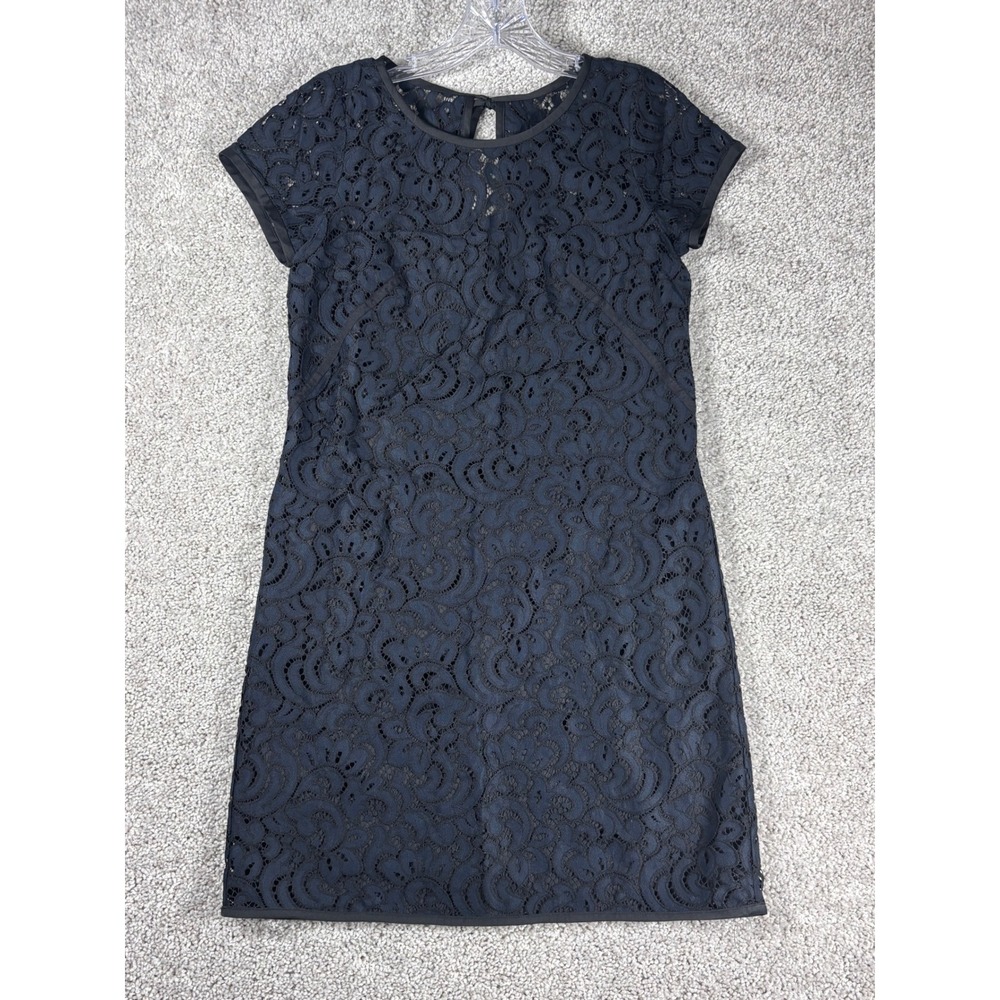 LOFT Black‎ Lace Cap Sleeve Shift Dress Women's Size 4 Bow Back